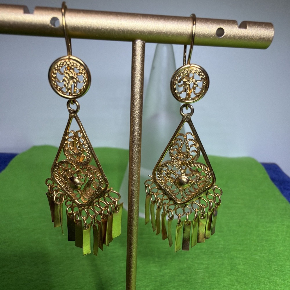 VTG 18k Gold Vermeil Sterling Silver Filigree Teardrop Earrings Oaxaca Mexico